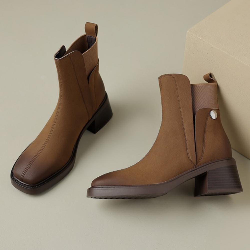 Casual Chunky Heel Square Toe Short Chelsea Boots French Small Short Boots