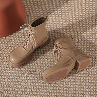 Thick Sole Chunky Heel Back Zipper Lace Up Boots<Three colors>