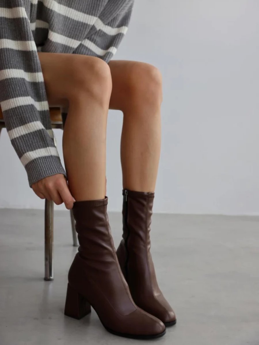 Simple Brown Stretch Mid Calf Boots