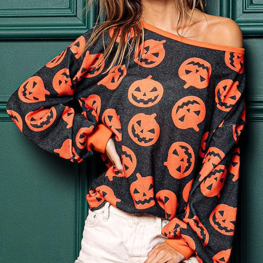 Black Halloween Pumpkin Print Pullover Top