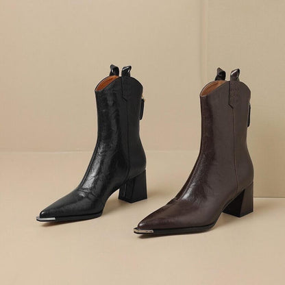 New Pleated Leather Micro Heel Iron Toe Rider Boots