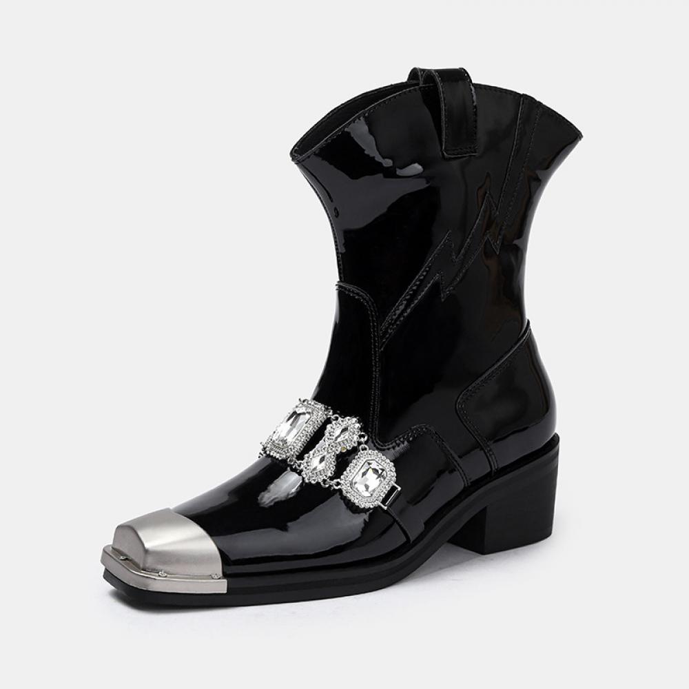 Diamond Patent Leather Metal Toe Niche Fashion Flare Chunky Heel Knight Boots