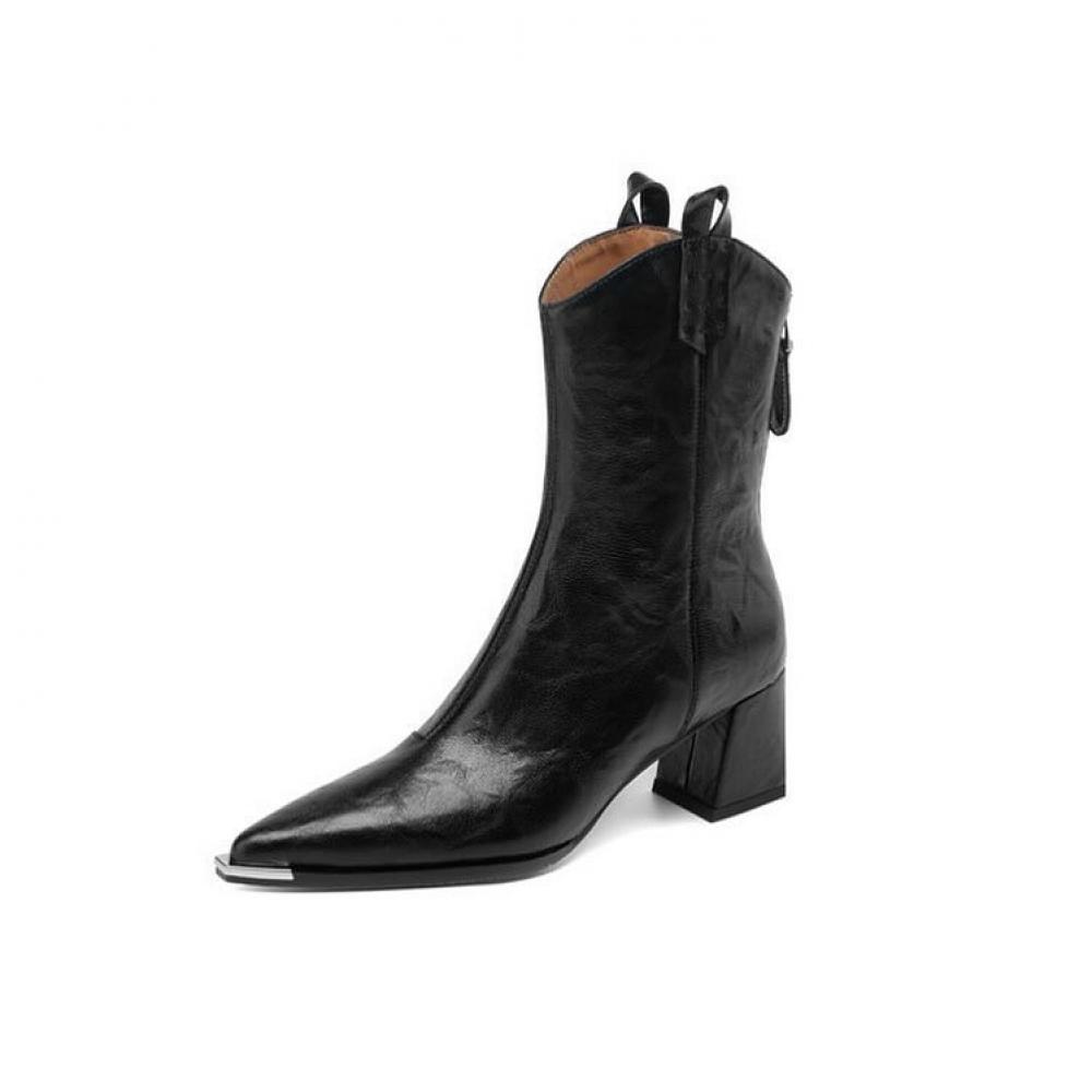 New Pleated Leather Micro Heel Iron Toe Rider Boots