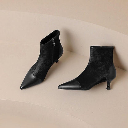 Temperament horse hair splicing pointed toe thin high heel boots<Three Colors>