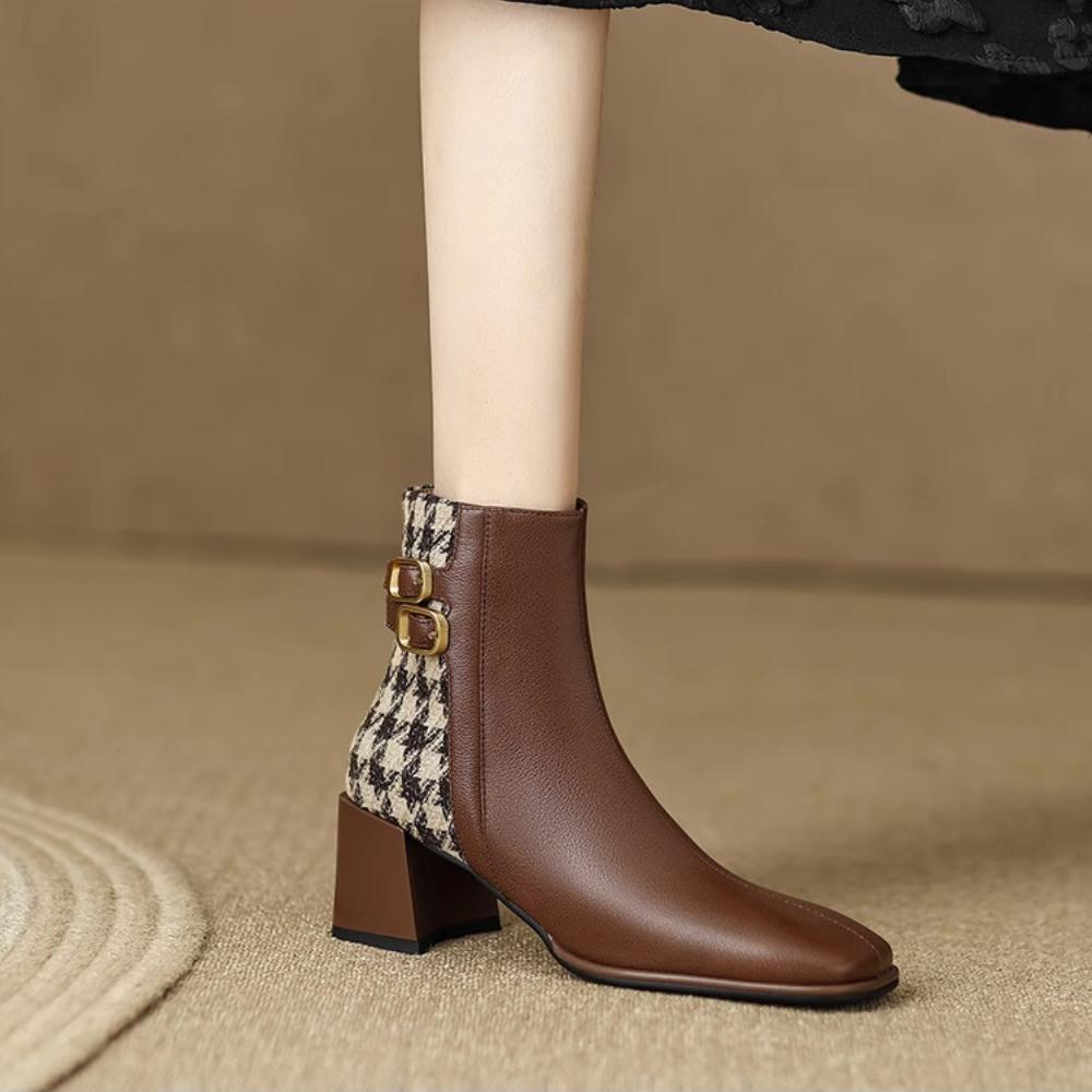 Retro Square Toe French Thousand Bird Check Chunky Heel Martin Boots Belt Buckle Temperament Ankle Boots