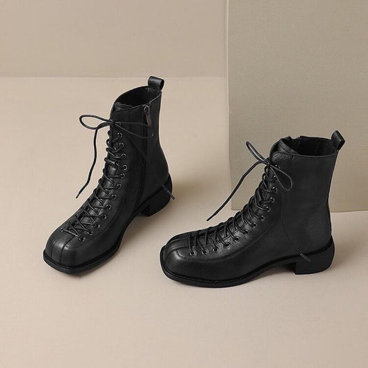 Trendy Flat Square Toe Side Zipper Lace Up Boots