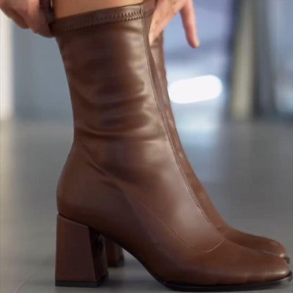 Simple Brown Stretch Mid Calf Boots