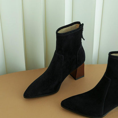 Pointed Toe Chunky Heel Boots Women Suede Mid Calf Boots   <Three🟢⚫️🟡 colors >                                                                               ⏰(New products on sale）