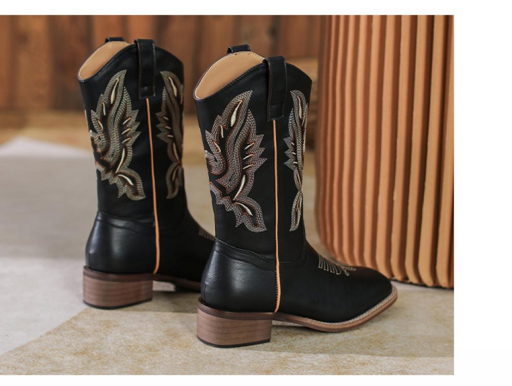 Western Cowboy Boots Embroidered Leather Mid Calf Rider Boots