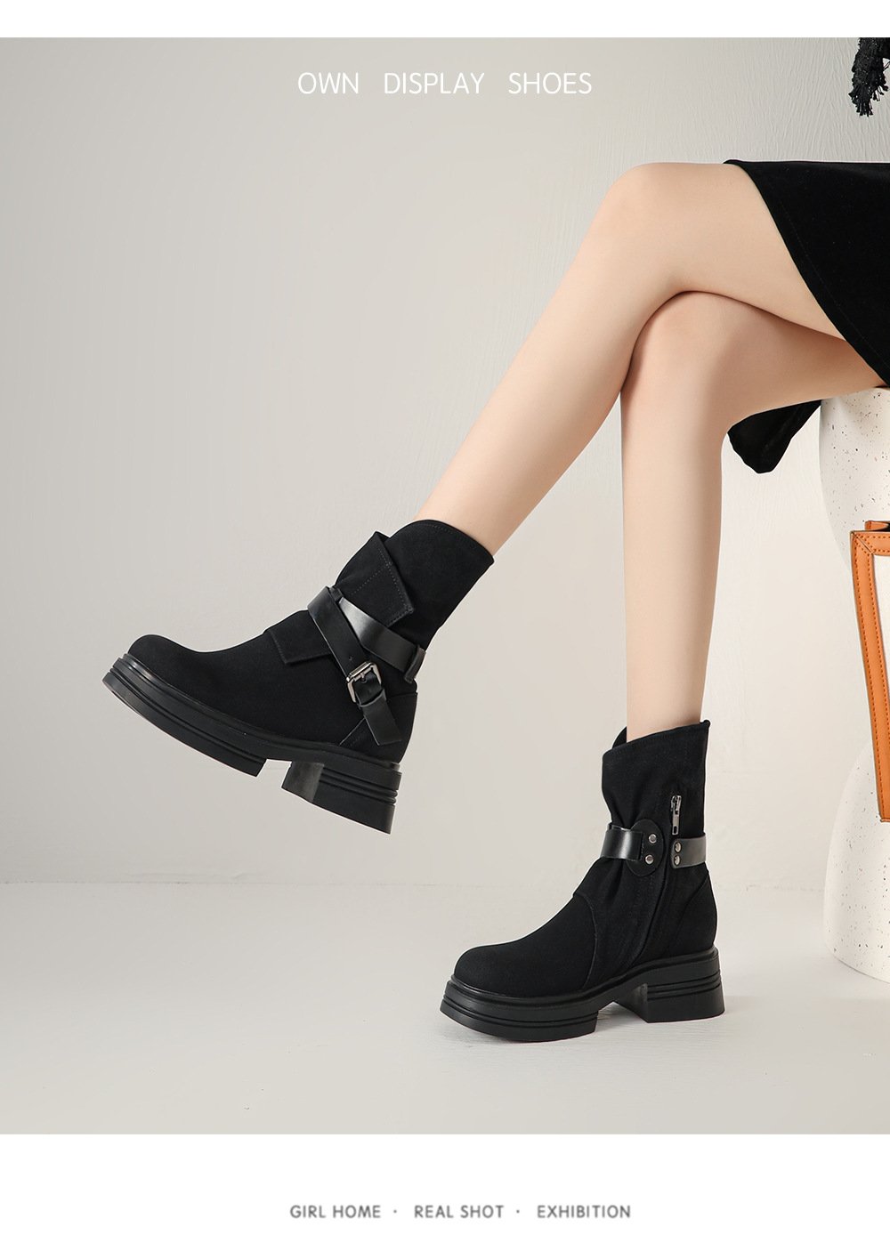 Niche Design Leather Chunky Heel Biker Boots Round Toe Rider Boots