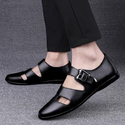 Trendy hollow breathable buckle men's casual leather sandals