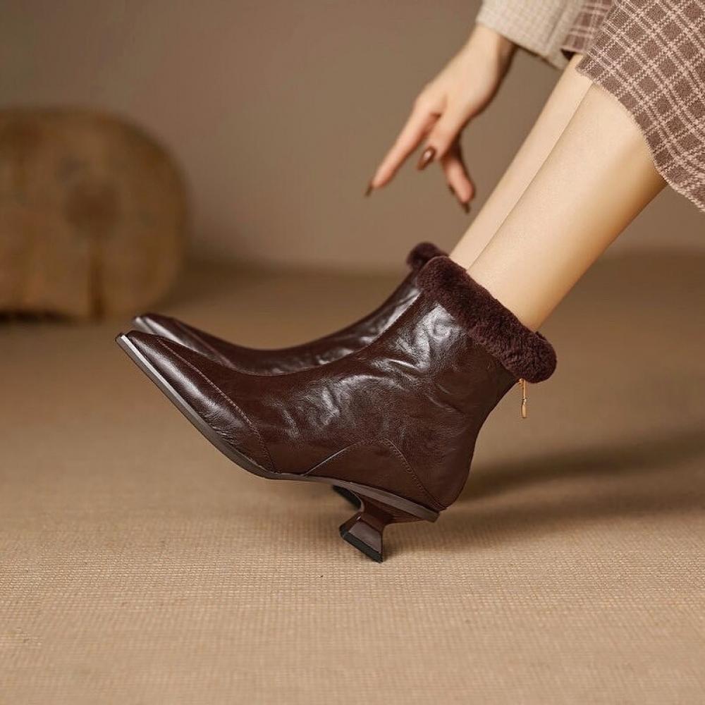 Vintage Pleated Leather Slim Heel Raw Edge Pointed Toe Boots