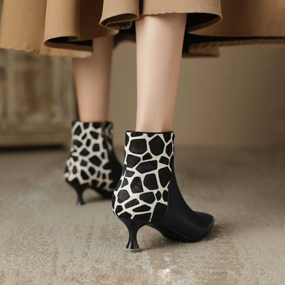 Temperament horse hair splicing pointed toe thin high heel boots<Three Colors>