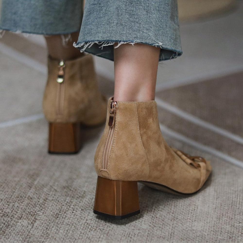 Fashion High Heel Three Ring Buckle Suede Back Open Zipper Boots