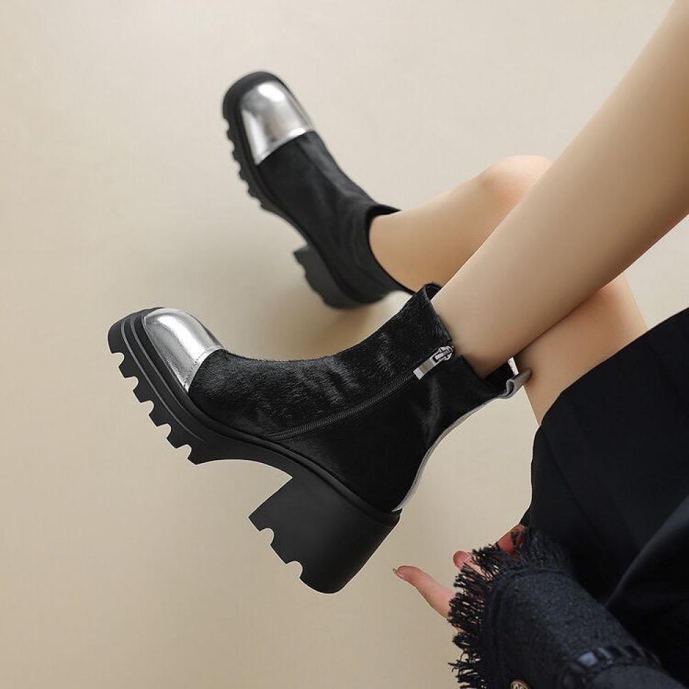 Trendy Thick Bottom Patchwork Toe Pony Hair Leather Boots