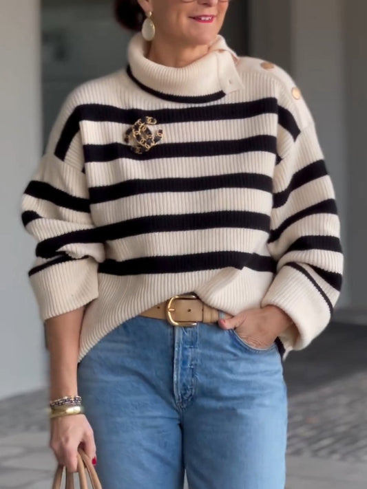 Trendy Side Opening Button Striped Sweater
