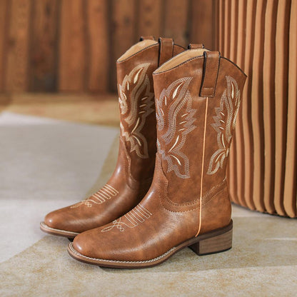 Western Cowboy Boots Embroidered Leather Mid Calf Rider Boots