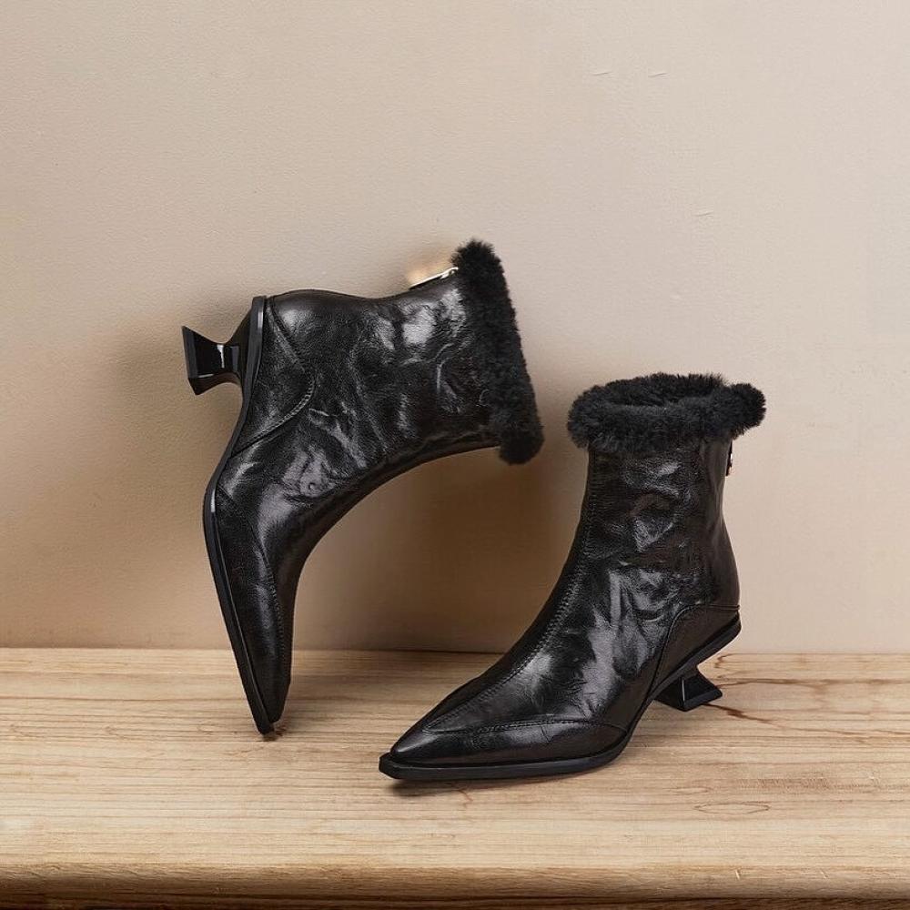 Vintage Pleated Leather Slim Heel Raw Edge Pointed Toe Boots