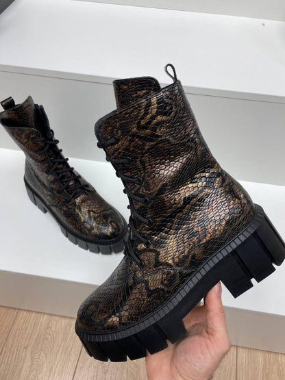 Designer snake print high top boots