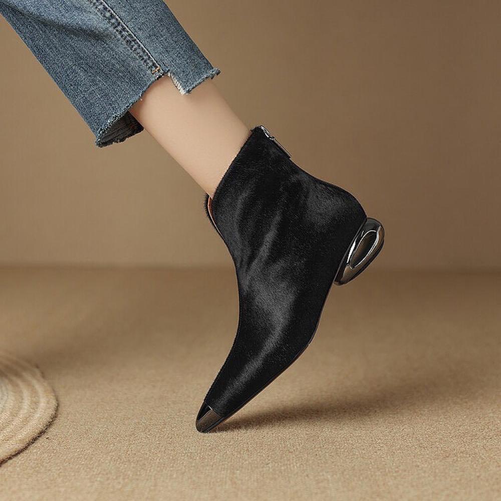 Design Pony Hair Iron Toe Cutout Heel Pointed Toe Boots