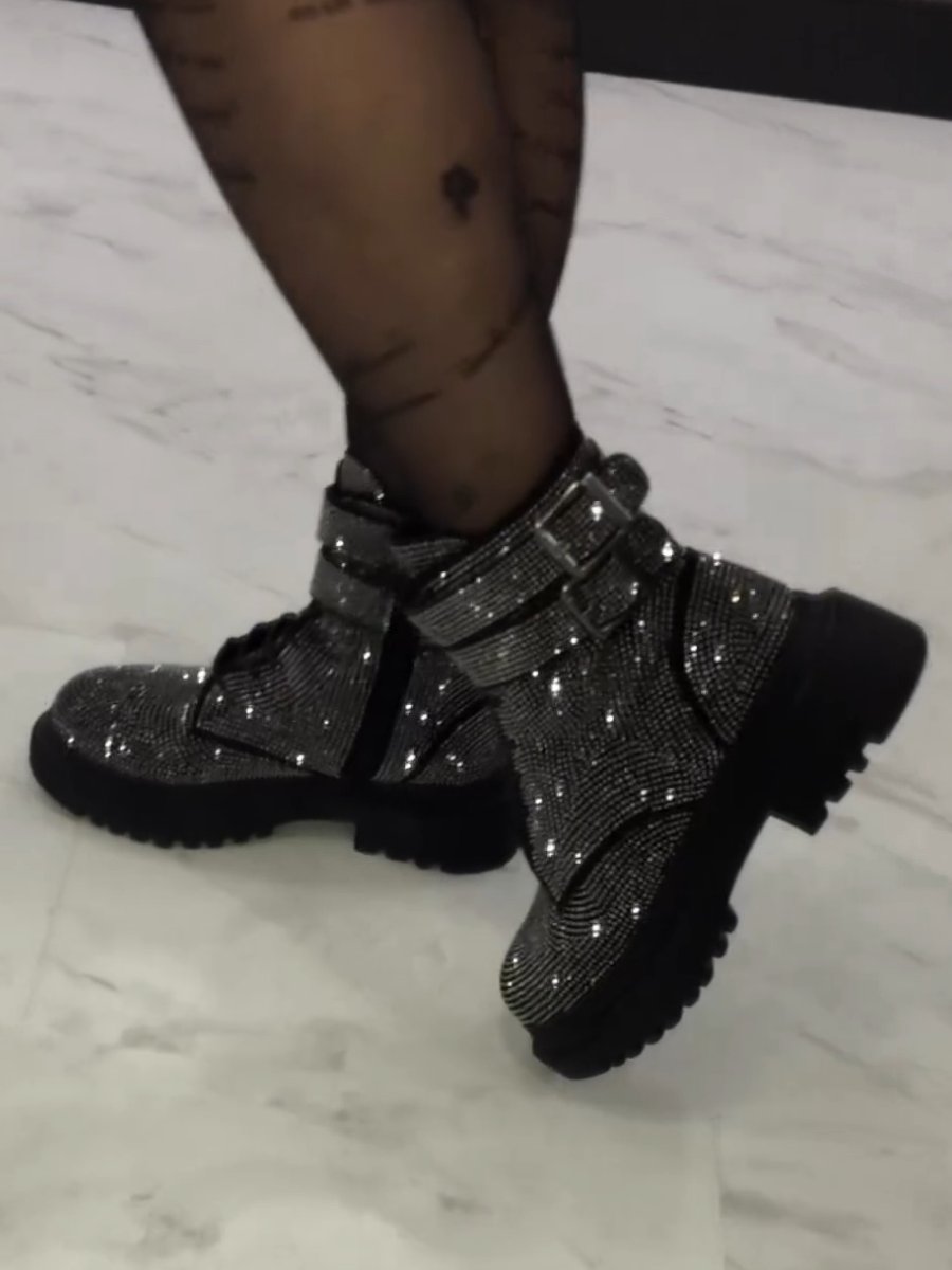 Rhinestone Side Opening Zipper Martin Boots