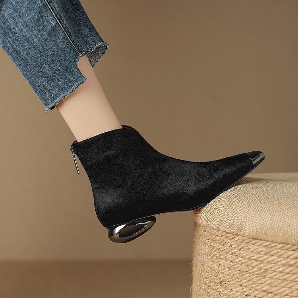 Design Pony Hair Iron Toe Cutout Heel Pointed Toe Boots