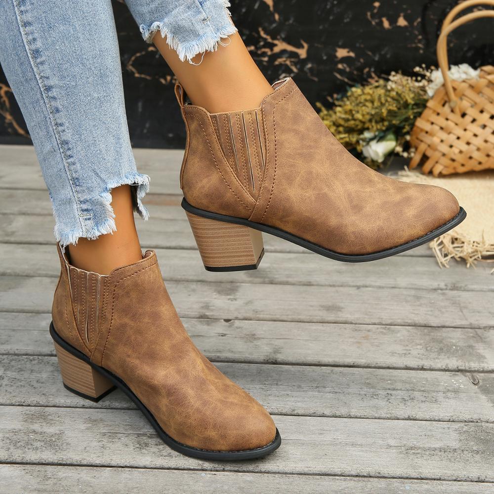 Pointed Toe Chunky Heel Suede Low Heel Boots