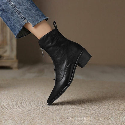 Design Pointed Toe Micro Heel Front Zipper Boots <Two Colors>