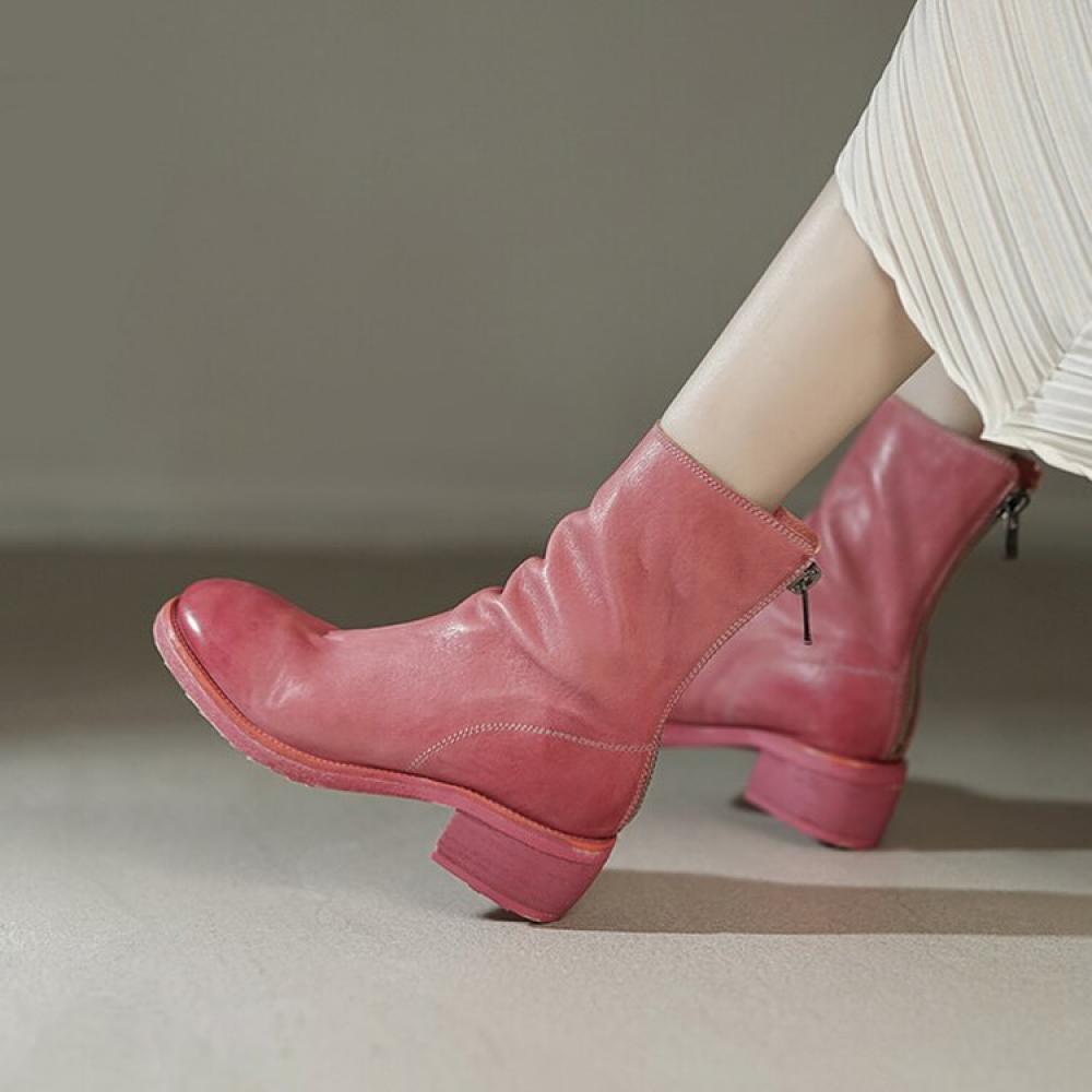 Trendy Pleated Leather Back Zipper Mid Calf Boots <Three Colors>