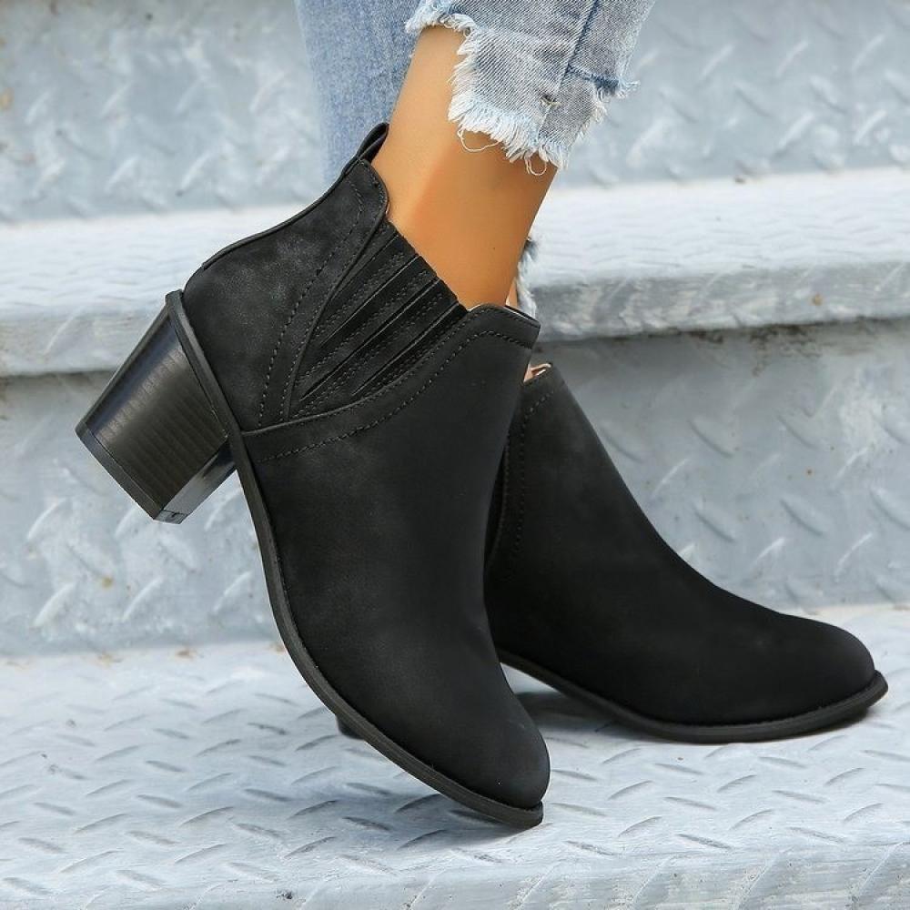 Pointed Toe Chunky Heel Suede Low Heel Boots