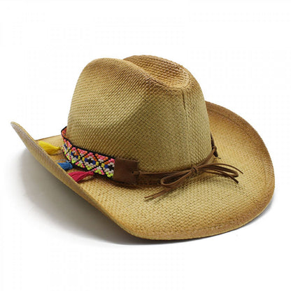 Ethnic Straw Stripe Trim Rolled Jazz Hat