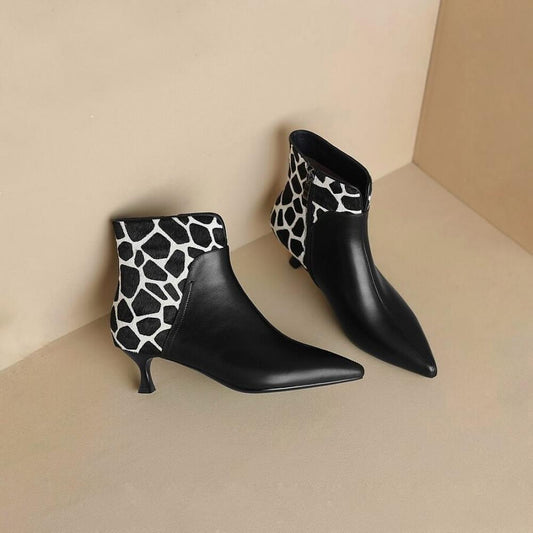 Temperament horse hair splicing pointed toe thin high heel boots<Three Colors>