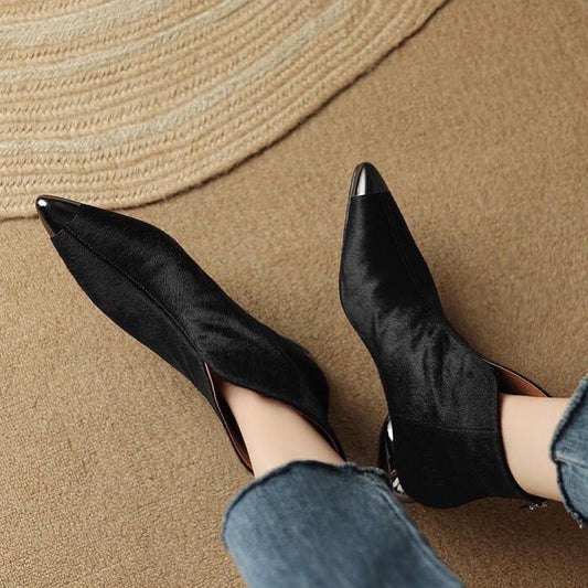 Design Pony Hair Iron Toe Cutout Heel Pointed Toe Boots