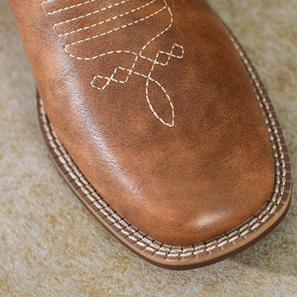 Western Cowboy Boots Embroidered Leather Mid Calf Rider Boots