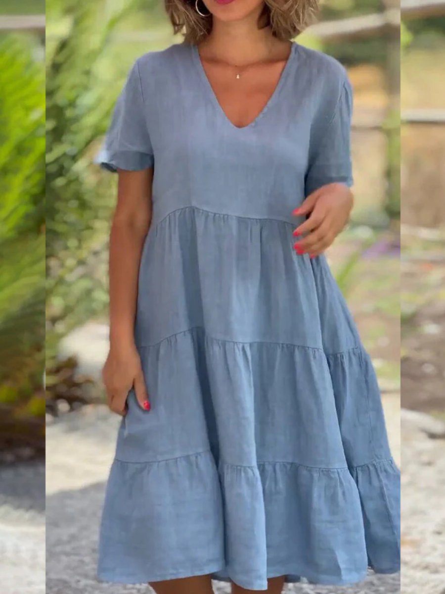 V-Neck Solid Large Swing Dress