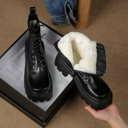 Square Toe Thick Sole Padded Side Opening Zipper Lace Up Boots