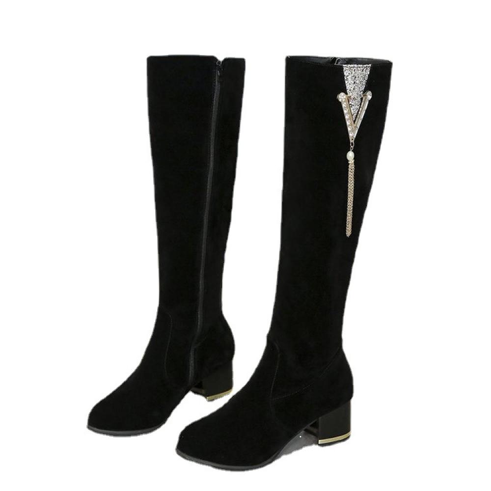 Chunky high heeled frosted leather side zipper padded warm thigh high boots