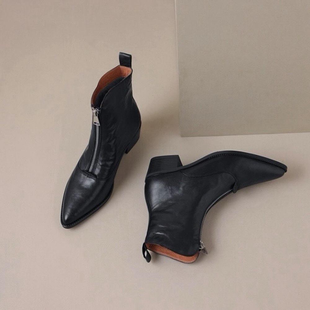 Design Pointed Toe Micro Heel Front Zipper Boots <Two Colors>