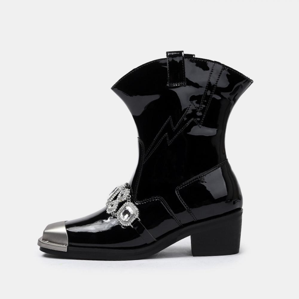 Diamond Patent Leather Metal Toe Niche Fashion Flare Chunky Heel Knight Boots