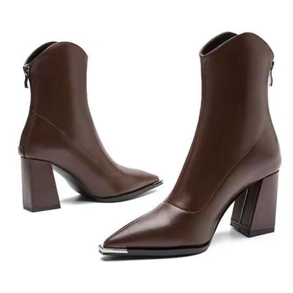 Pointed Toe Chunky Heel Fashion Genuine Soft Leather High Heel French Ankle Boots