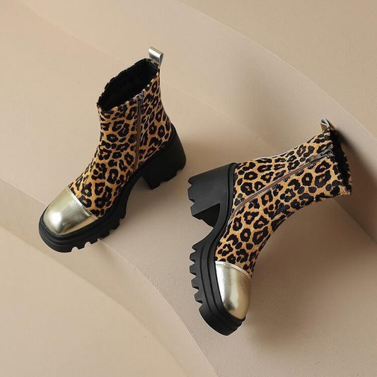 Trendy Thick Bottom Patchwork Toe Pony Hair Leather Boots