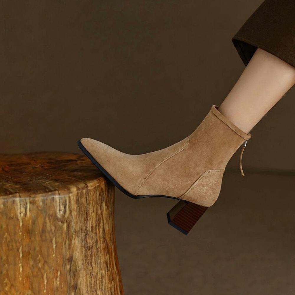 Pointed Toe Chunky Heel Boots Women Suede Mid Calf Boots   <Three🟢⚫️🟡 colors >                                                                               ⏰(New products on sale）