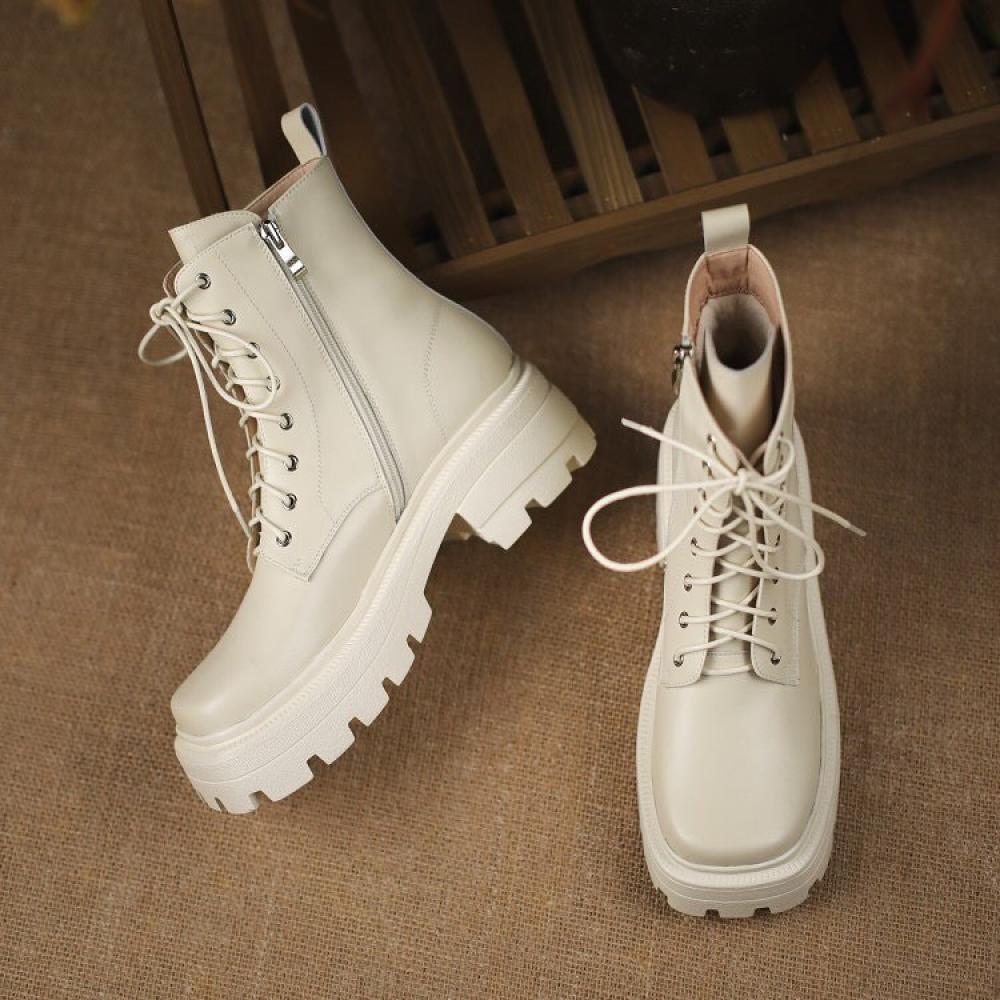 Square Toe Thick Sole Padded Side Opening Zipper Lace Up Boots