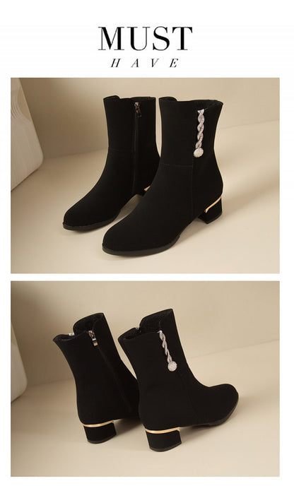 Fashion Boots Frosted Leather Short Boots Rhinestone Side Zipper Mid Heel Boots