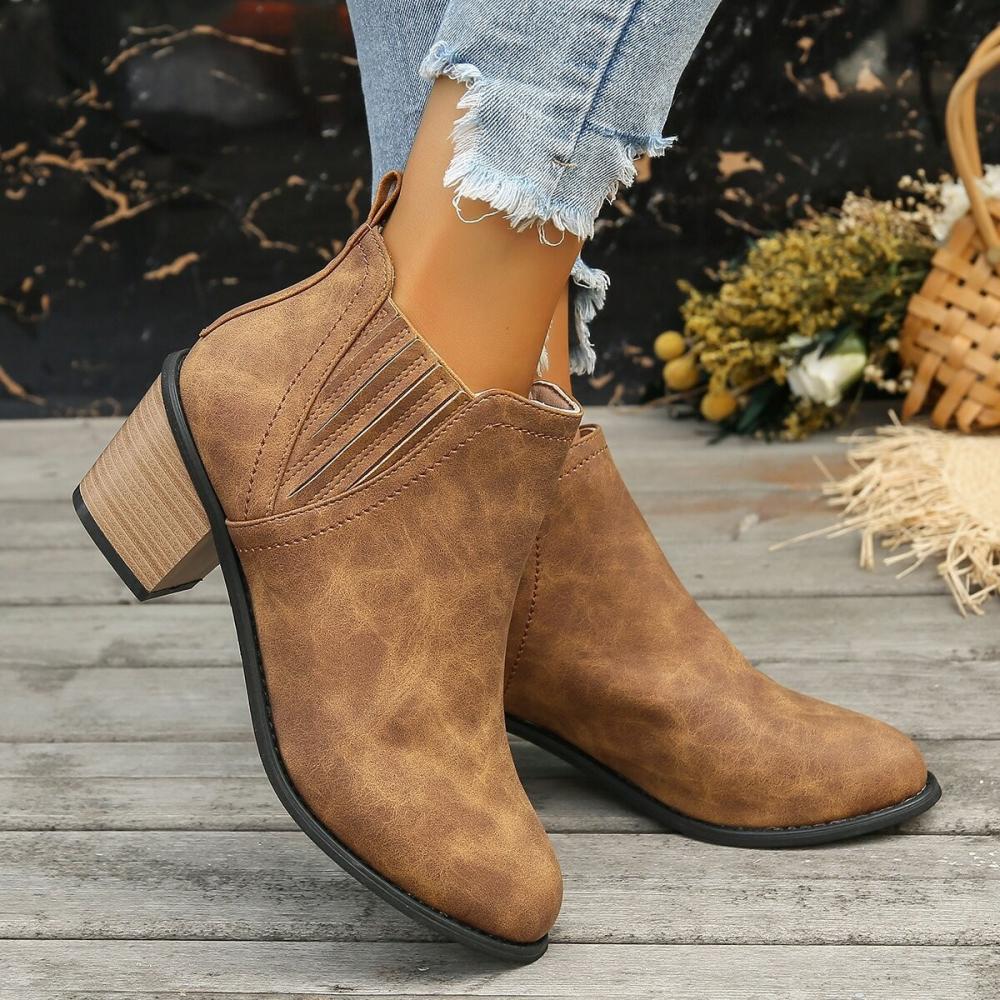 Pointed Toe Chunky Heel Suede Low Heel Boots