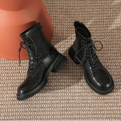 Thick Sole Chunky Heel Back Zipper Lace Up Boots<Three colors>