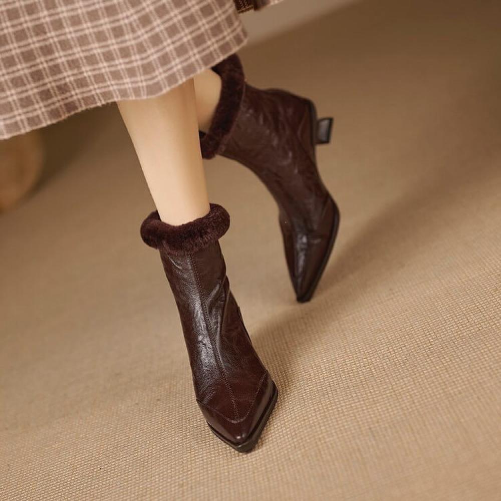 Vintage Pleated Leather Slim Heel Raw Edge Pointed Toe Boots