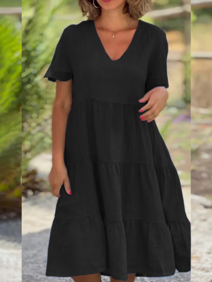 V-Neck Solid Large Swing Dress