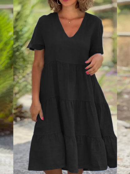 V-Neck Solid Large Swing Dress