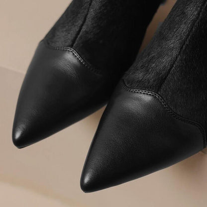 Temperament horse hair splicing pointed toe thin high heel boots<Three Colors>